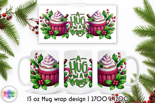 Cozy Winter Mug Wrap Design, Hot Cocoa Sublimation, Hug in a Mug Sublimation Designs by Ira 