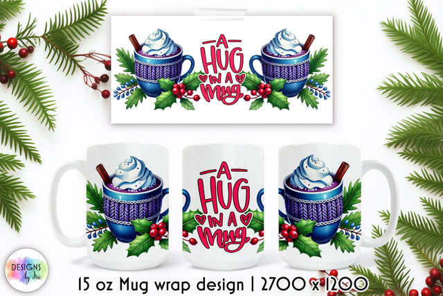 Cozy Winter Mug Wrap Design, Hot Cocoa Sublimation, Hug in a Mug Sublimation Designs by Ira 
