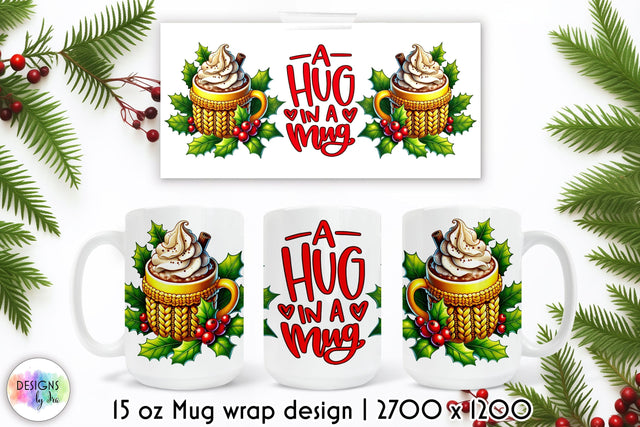 Cozy Winter Mug Wrap Design, Hot Cocoa Sublimation, Hug in a Mug Sublimation Designs by Ira 