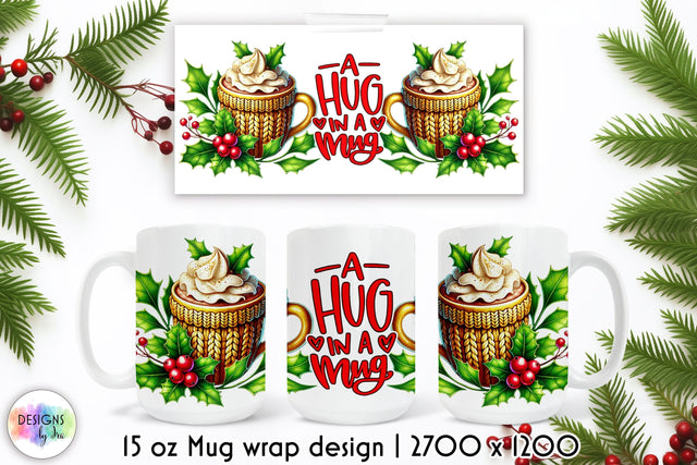 Cozy Winter Mug Wrap Design, Hot Cocoa Sublimation, Hug in a Mug Sublimation Designs by Ira 