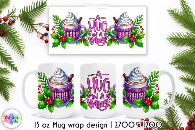 Cozy Winter Mug Wrap Design, Hot Cocoa Sublimation, Hug in a Mug Sublimation Designs by Ira 