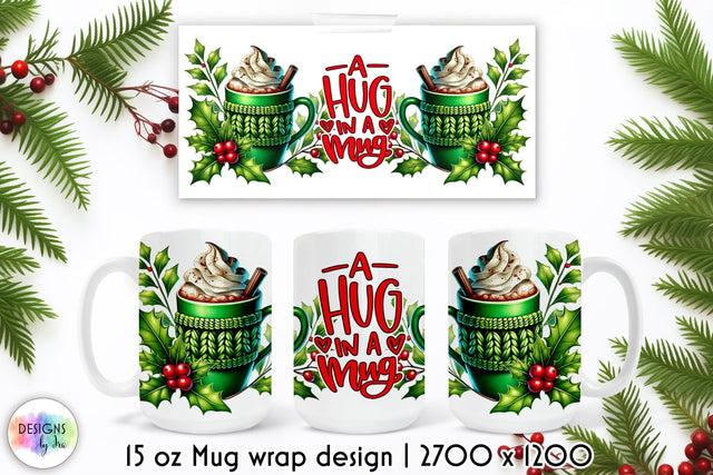 Cozy Winter Mug Wrap Design, Hot Cocoa Sublimation, Hug in a Mug Sublimation Designs by Ira 