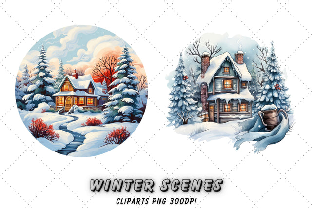 Cozy Winter Scenes Clipart | Winter Illustration Sublimation Sublimation FloridPrintables 