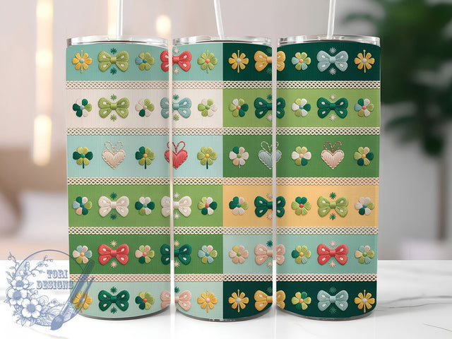 Cozy Yarn Clover Bow Tumbler, Faux Yarn Texture, Clover Bow Accent, Seamless Pattern, Festive Irish Style, Lucky Shamrock Design, Cozy Rustic Charm, 20Oz Tumbler, Sublimation Wrap Sublimation ToriDesigns 