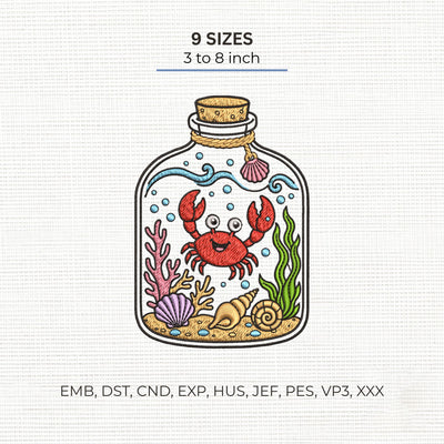 Crab in a Bottle Embroidery Design – Cute Under the Sea Ocean Marine Life Machine Embroidery File, 9 Sizes Embroidery/Applique DESIGNS PatternFeed8 
