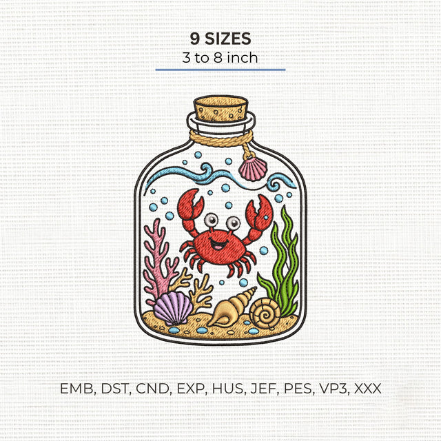 Crab in a Bottle Embroidery Design – Cute Under the Sea Ocean Marine Life Machine Embroidery File, 9 Sizes Embroidery/Applique DESIGNS PatternFeed8 