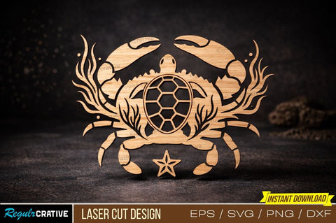 Crab Laser Cut Design – Marine Animal Outline with Turtle Shell & Starfish Sublimation Artwork SVG Regulrcrative 