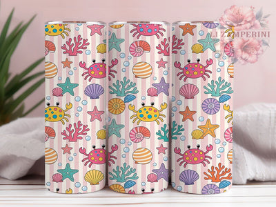 Crab Starfish Coral Glow 20oz Tumbler, Crab Motif, Starfish Accent, Coral Design, Glow Effect, Ocean Charm, Skinny Tumbler, Sublimation PNG Sublimation Li Zamperini 