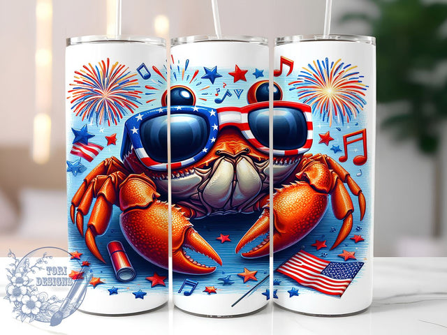 Crab Tumbler Design, Patriotic Drinkware, 4th of July Tumbler, Fourth of July Gift, Sublimation Wrap, Summer Decor, Cute Crab Design, Red White Blue Tumbler Sublimation ToriDesigns 