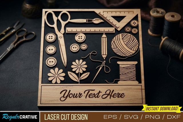 Craft Tools Laser Cut Design – Sewing & Craft Theme with Scissors, Thread, Buttons & Yarn SVG Regulrcrative 