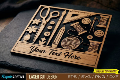 Craft Tools Laser Cut Design – Sewing & Craft Theme with Scissors, Thread, Buttons & Yarn SVG Regulrcrative 