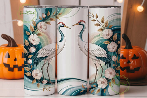 Crane Floral Tumbler Wrap PNG Sublimation PixelChick 