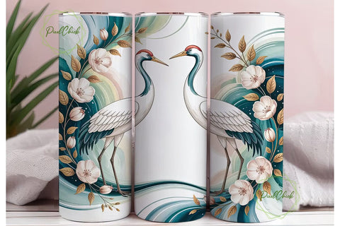Crane Floral Tumbler Wrap PNG Sublimation PixelChick 