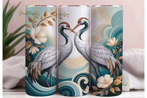 Crane Floral Tumbler Wrap PNG Sublimation PixelChick 