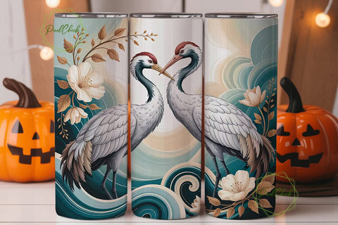 Crane Floral Tumbler Wrap PNG Sublimation PixelChick 