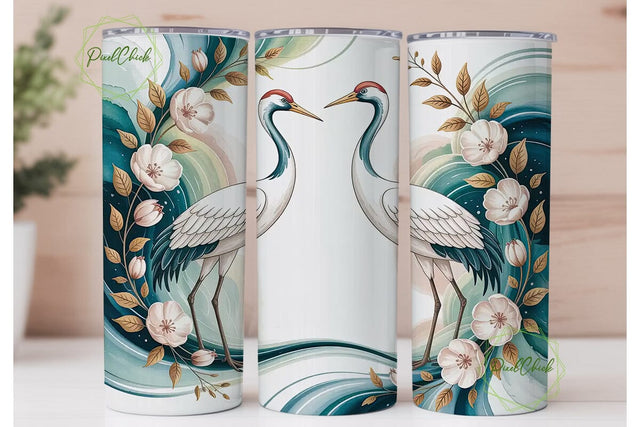 Crane Floral Tumbler Wrap PNG Sublimation PixelChick 