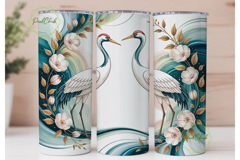 Crane Floral Tumbler Wrap PNG Sublimation PixelChick 