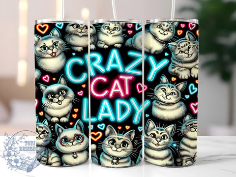 Crazy Cat Lady 20oz Skinny Tumbler, Cat Lovers Tumbler Png, Straight & Tapered Tumbler Wrap, Instant Digital Download Sublimation ToriDesigns 