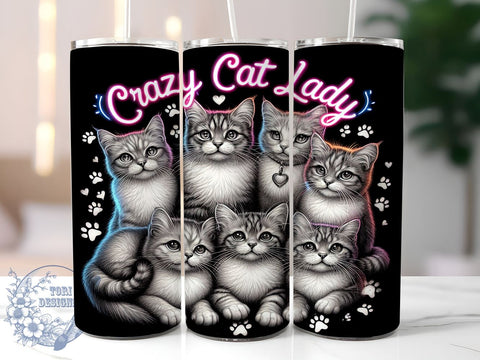 Crazy Cat Lady 20oz Skinny Tumbler, Cat Lovers Tumbler Png, Straight & Tapered Tumbler Wrap, Instant Digital Download Sublimation ToriDesigns 