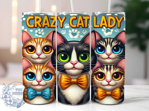Crazy Cat Lady 20oz Skinny Tumbler, Funny Cat Tumbler Png, Straight & Tapered Tumbler Wrap, Instant Digital Download Sublimation ToriDesigns 