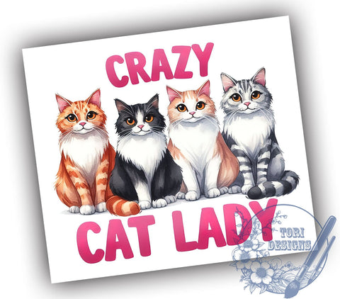 Crazy Cat Lady 20oz Skinny Tumbler, Funny Cat Tumbler Png, Straight & Tapered Tumbler Wrap, Instant Digital Download Sublimation ToriDesigns 
