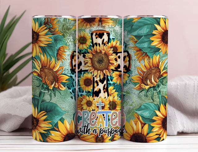 Created with a Purpose Cross Leopard Sunflower Bible Verse Religious 20oz Skinny Tumbler Wrap PNG Sublimation Designs Sublimation PixelChick 