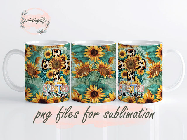 Created with a Purpose Cross Leopard Sunflower Bible Verse Religious Mug Wrap Design, Instant Digital Design Download Mug Wrap Design, Mug Design PNG Sublimation PrintingLife 
