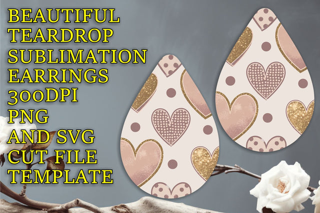 Creative teardrop earrings design, easy-to-use PNG file, Heart Sublimation HoodArtCraft 