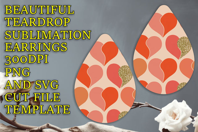 Creative teardrop earrings template, high-quality PNG, Heart Sublimation HoodArtCraft 