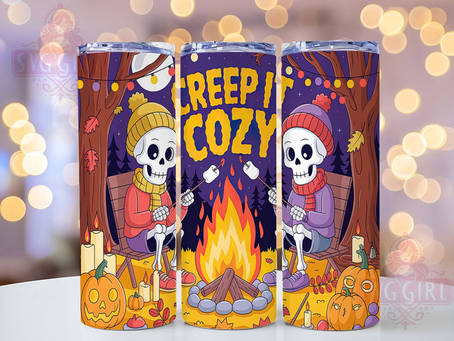 Creep It Cozy Skeleton Campfire Tumbler, Halloween Skeleton Wrap, Campfire Skeleton Mug, 20oz Sublimation, Cozy Halloween Cup, Spooky Campfire Tumbler, Skeleton Campfire Wrap Sublimation SvggirlplusArt 