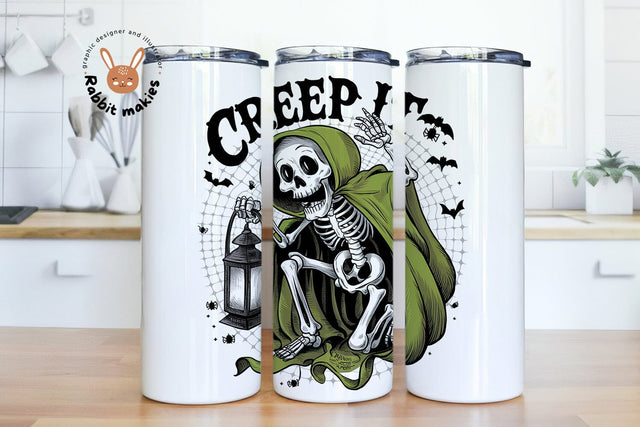 Creep It Skeleton Halloween 20oz Skinny Tumbler Png, Spooky Skeleton Sublimation Design Sublimation Rabbitmakies 