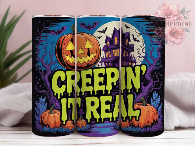 Creepin It Real Funny Halloween Tumbler, Halloween Spooky Wrap, Funny Halloween Cup, 20Oz Tumbler Sublimation, Ghosts And Pumpkins Mug, Trick Or Treat Drinkware, Cute Spooky Design Sublimation Li Zamperini 