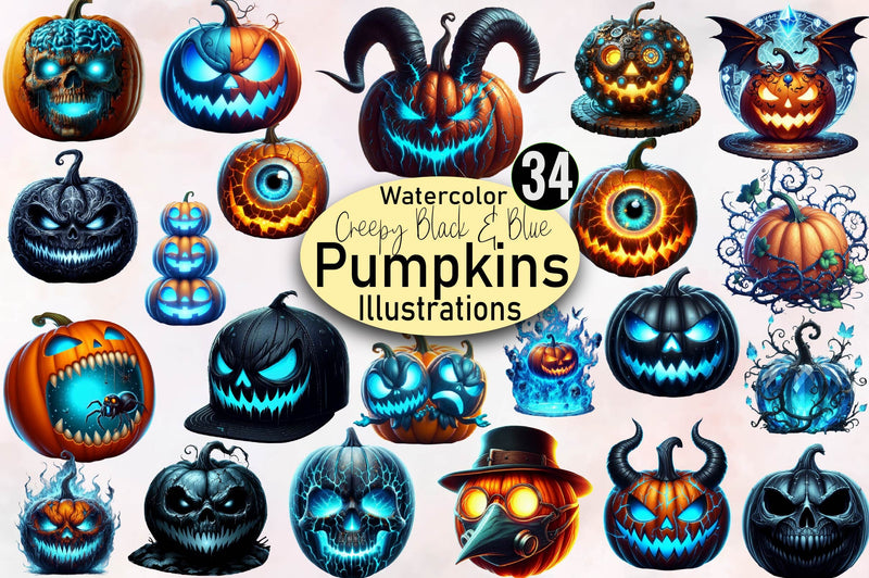 Creepy Black & Blue Halloween Pumpkins Clipart Bundle Sublimation SVGArt 