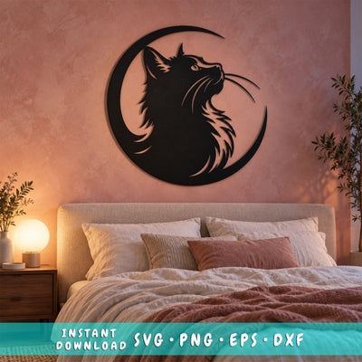 Crescent Moon Cat Laser SVG | Cat Moon Svg| Celestial Cat DXF | Cat Metal Wall Art | Witchy Cat Svg| Plasma Cut File | CNC Laser Cut Design SVG HappyDesignStudio 