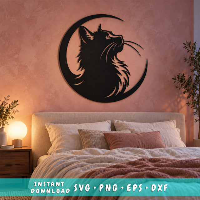 Crescent Moon Cat Laser SVG | Cat Moon Svg| Celestial Cat DXF | Cat Metal Wall Art | Witchy Cat Svg| Plasma Cut File | CNC Laser Cut Design SVG HappyDesignStudio 