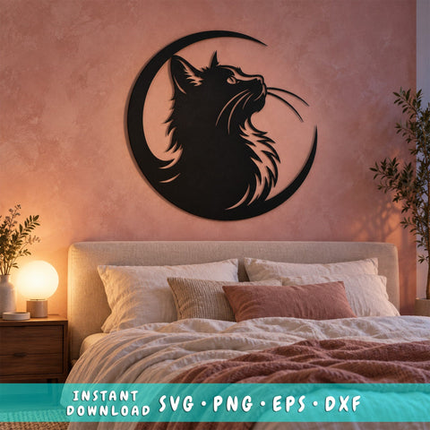 Crescent Moon Cat Laser SVG | Cat Moon Svg| Celestial Cat DXF | Cat Metal Wall Art | Witchy Cat Svg| Plasma Cut File | CNC Laser Cut Design SVG HappyDesignStudio 