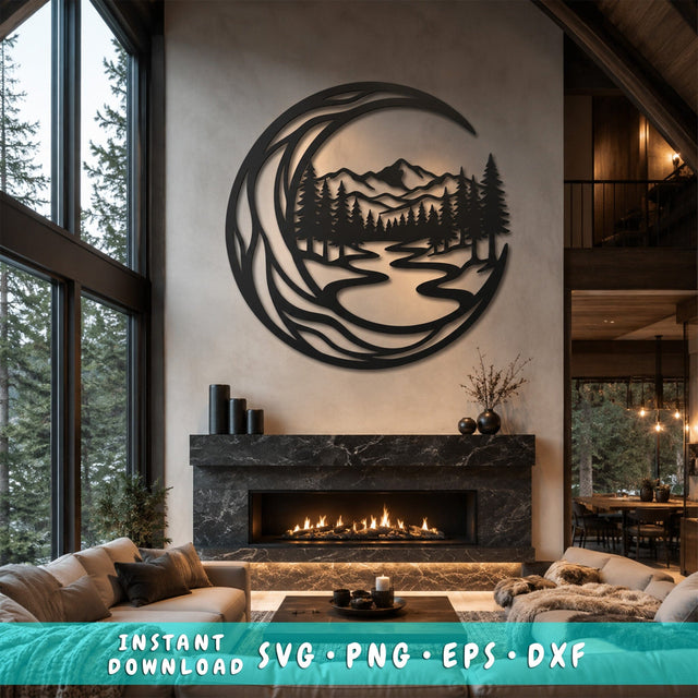 Crescent Moon Mountain River Forest Laser SVG | Nature Landscape Wall Art DXF | Laser Cut File for Plasma CNC | Moon Woodland Scene Svg SVG HappyDesignStudio 