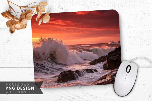 Crimson Sunset Over Majestic Waves Mouse Pad Sublimation Regulrcrative 