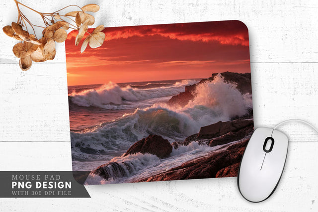Crimson Sunset Over Majestic Waves Mouse Pad Sublimation Regulrcrative 