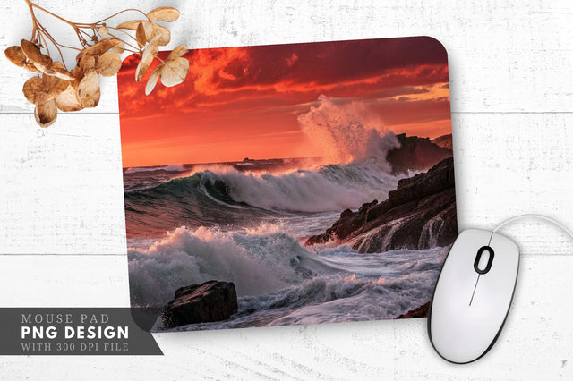 Crimson Sunset Over Majestic Waves Mouse Pad Sublimation Regulrcrative 