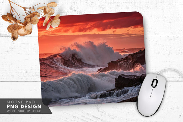 Crimson Sunset Over Majestic Waves Mouse Pad Sublimation Regulrcrative 