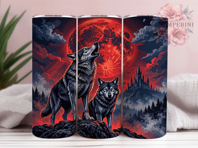 Crimson Wolf Moon 20oz Tumbler, Wolf Motif, Moon Accent, Crimson Theme, Artistic Design, Mystical Flair, Sublimation Wrap, 20oz Tumbler Sublimation Li Zamperini 