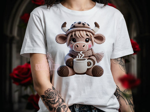 Crochet Highland Cow T-Shirt PNG, Highland Cow, Crochet Style, Rustic Vibes, Farm Fashion, Sublimation PNG, Statement Shirt, Handmade Apparel Sublimation SvggirlplusArt 