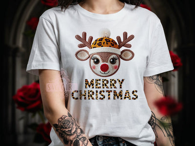 Crochet Reindeer Face T-Shirt PNG, Reindeer Face, Crochet Style, Holiday Vibes, Christmas Fashion, Sublimation PNG, Statement Shirt, Handmade Apparel Sublimation SvggirlplusArt 