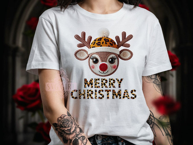 Crochet Reindeer Face T-Shirt PNG, Reindeer Face, Crochet Style, Holiday Vibes, Christmas Fashion, Sublimation PNG, Statement Shirt, Handmade Apparel Sublimation SvggirlplusArt 