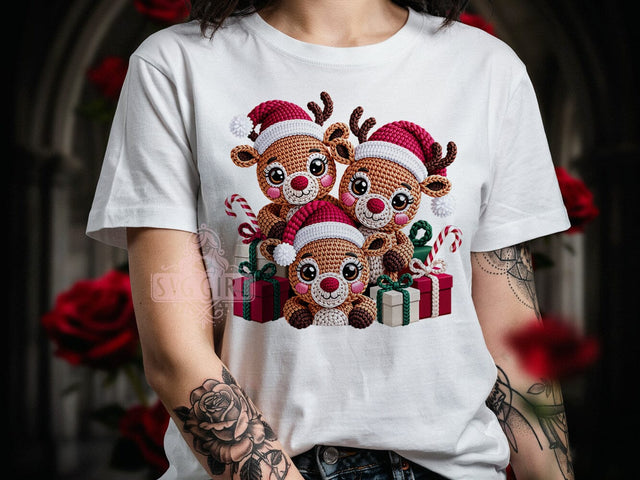 Crochet Reindeer Stack T-Shirt PNG, Reindeer Stack, Crochet Style, Holiday Vibes, Christmas Fashion, Sublimation PNG, Statement Shirt, Handmade Apparel Sublimation SvggirlplusArt 