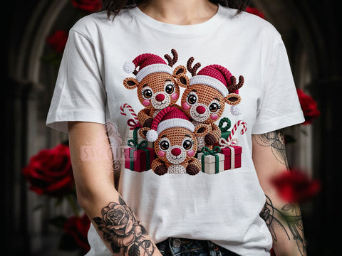 Crochet Reindeer Stack T-Shirt PNG, Reindeer Stack, Crochet Style, Holiday Vibes, Christmas Fashion, Sublimation PNG, Statement Shirt, Handmade Apparel Sublimation SvggirlplusArt 