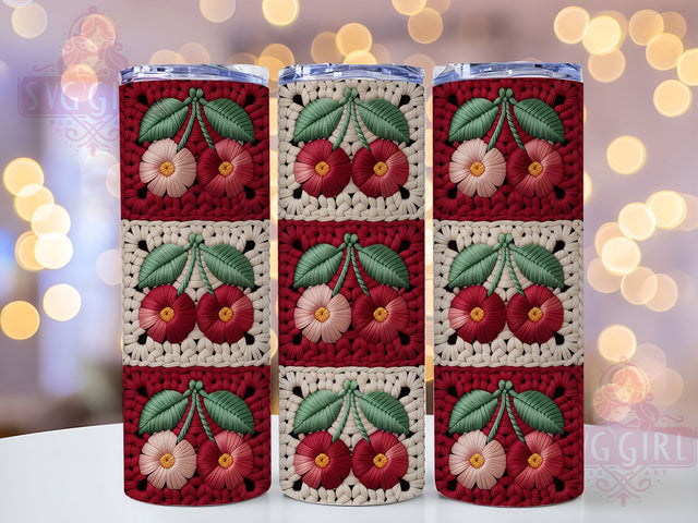 Crocheted Cherry Wildflower Tumbler Wrap, Wildflowers, Faux Yarn, Handmade Style, Floral Theme, Tumbler Wrap, Sublimation Design Sublimation SvggirlplusArt 