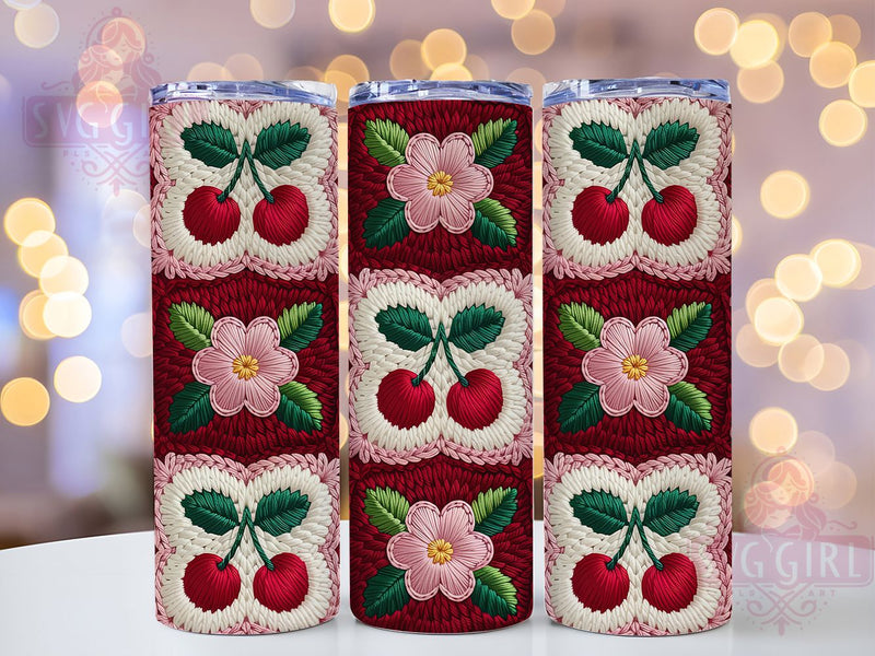 Crocheted Cherry Wildflower Tumbler Wrap, Wildflowers, Faux Yarn, Handmade Style, Floral Theme, Tumbler Wrap, Sublimation Design Sublimation SvggirlplusArt 