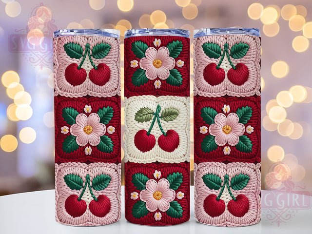 Crocheted Cherry Wildflower Tumbler Wrap, Wildflowers, Faux Yarn, Handmade Style, Floral Theme, Tumbler Wrap, Sublimation Design Sublimation SvggirlplusArt 